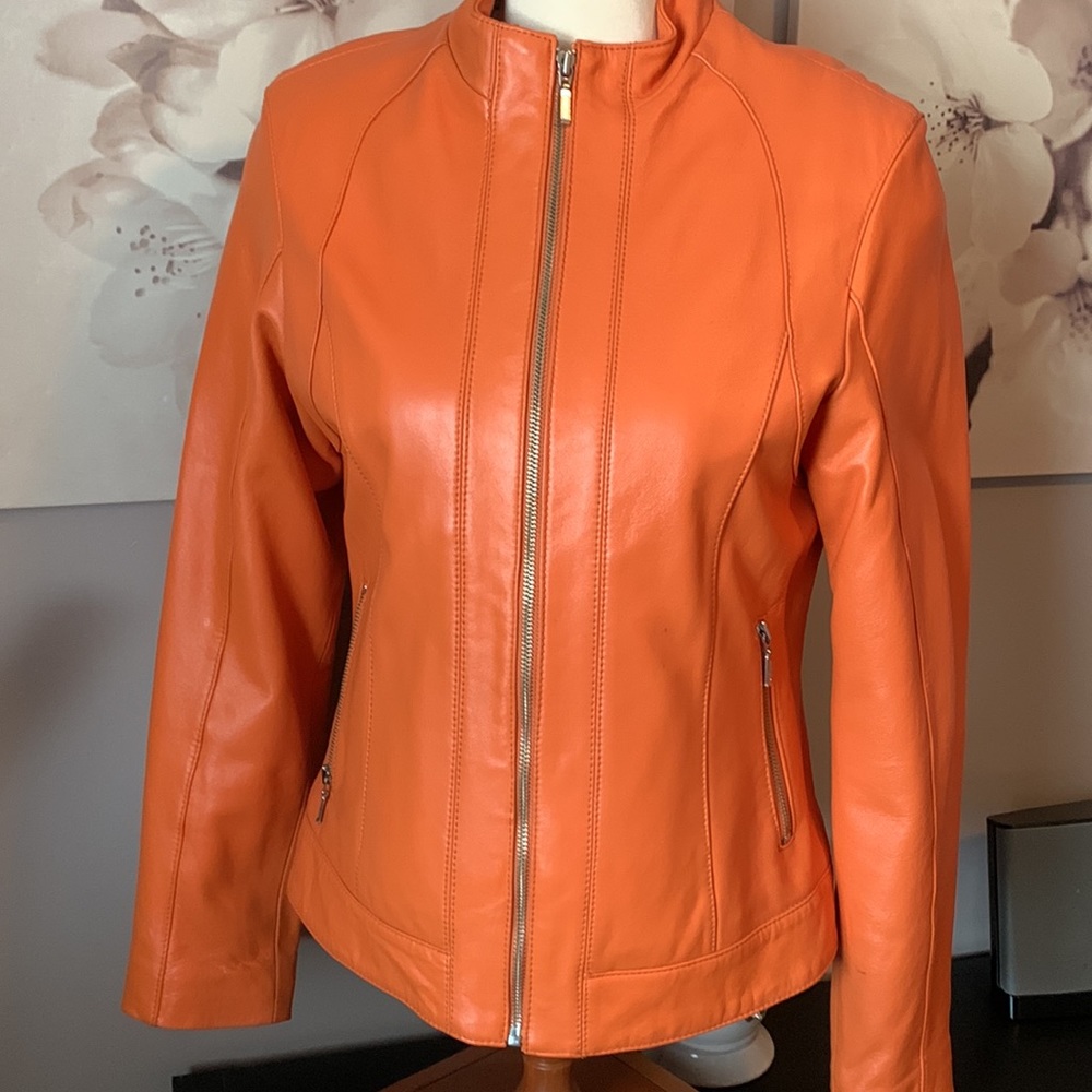 Leather jacket beautifully lined zipper detail on sleeve